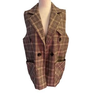 Brown Plaid Double Breasted Open Sleeveless Women's Vest Size M/L Pit 20